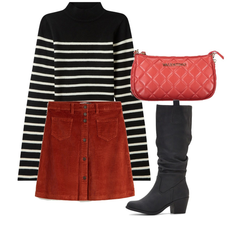 Outfit donna - City. Stile Urban per Tutti i giorni. Abbinamento con gonne, stivali, maglieria, borse a spalla.