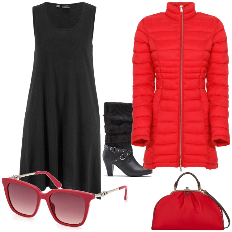 Outfit donna - Aperitivo di capodanno. Stile Glamour per Serata fuori. Abbinamento con stivali, vestiti senza maniche, piumini, occhiali da sole, borse a spalla.
