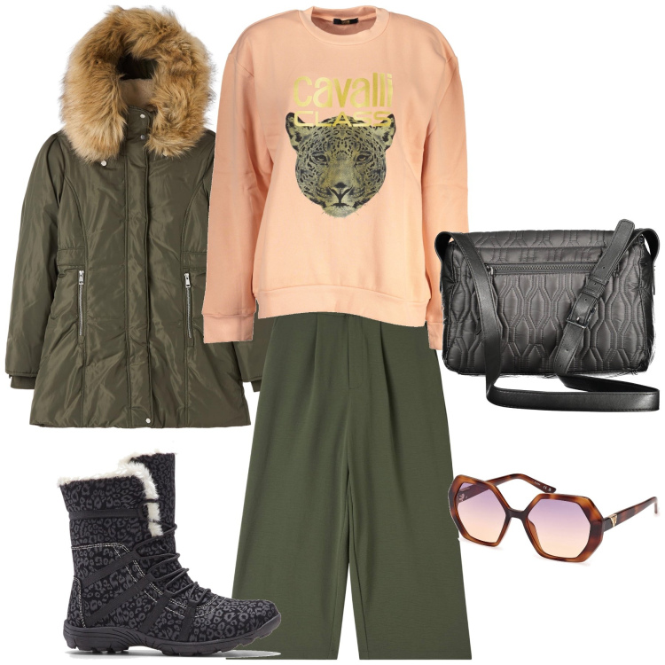 Outfit donna - Total look. Stile Trendy per Tutti i giorni. Abbinamento con stivaletti, pantaloni a palazzo, parka, occhiali da sole, felpe, borse a tracolla.