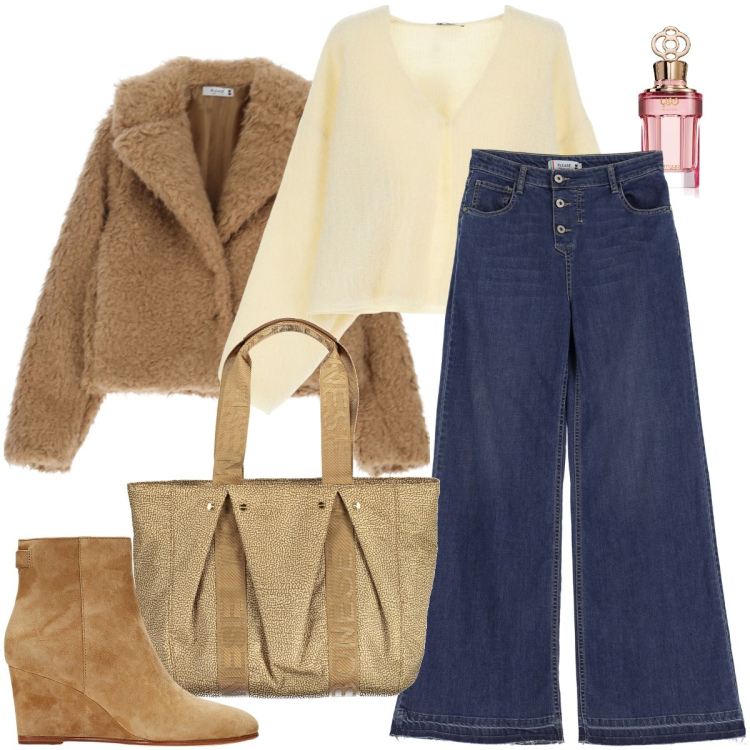 Outfit donna - L’ecopelliccia. Stile Trendy per Tutti i giorni. Abbinamento con profumi, jeans, blazer, cardigans, stivaletti, borse a spalla.