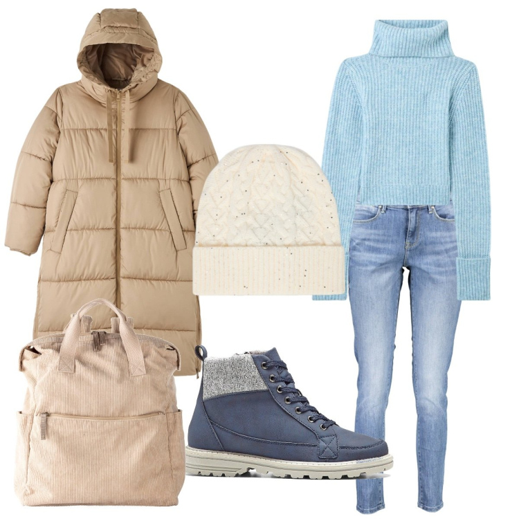 Outfit donna - Vacanziera in montagna. Stile Casual per Sport. Abbinamento con stivaletti, zaini, maglieria, piumini, jeans skinny, cappelli.