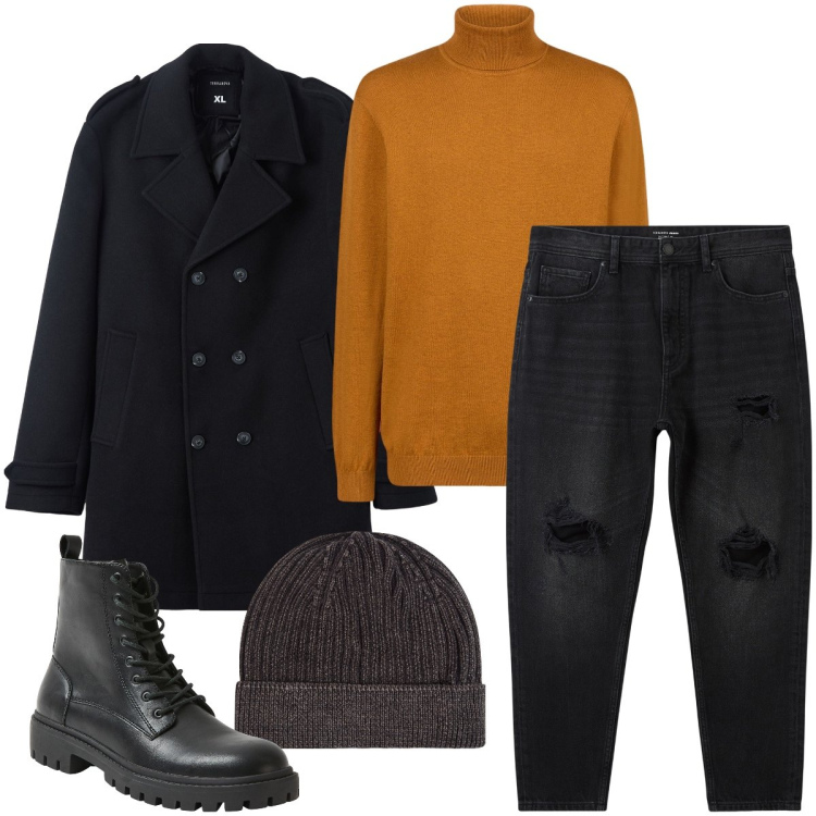 Outfit uomo - Il cappotto doppiopetto. Stile Business/Elegante per Serata speciale. Abbinamento con berretti, cappotti, anfibi, jeans strappati, maglieria.