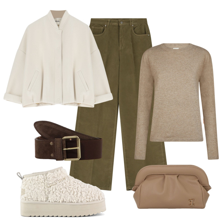 Outfit donna - Stivaletti furry. Stile Casual per Tutti i giorni. Abbinamento con borse a mano, bomber, pantaloni, cinture, stivaletti, maglieria.