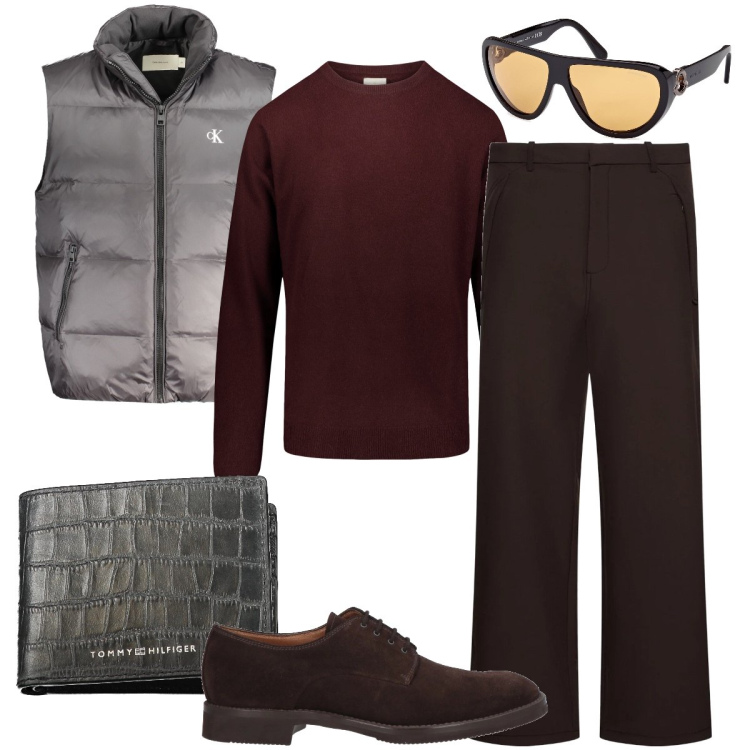 Outfit uomo - Un impegno di lavoro. Stile Business/Elegante per Ufficio. Abbinamento con scarpe stringate, maglieria, occhiali da sole, giacche, pantaloni, portafogli.