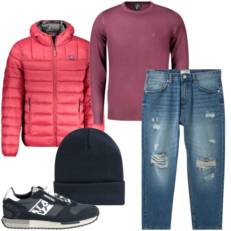Outfit uomo - Un po’ di colore. Stile Casual per Tutti i giorni. Abbinamento con berretti, jeans strappati, maglieria, sneakers, giacche.