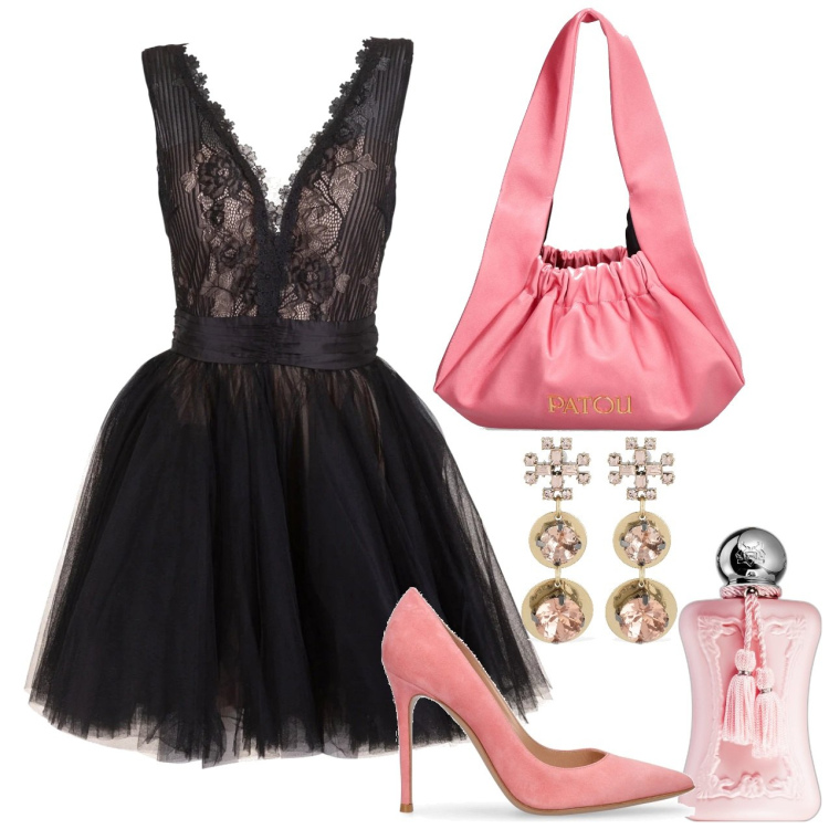 Outfit donna - Puro glamour. Stile Glamour per Serata fuori. Abbinamento con profumi, vestiti, borse a spalla, orecchini, décolleté.