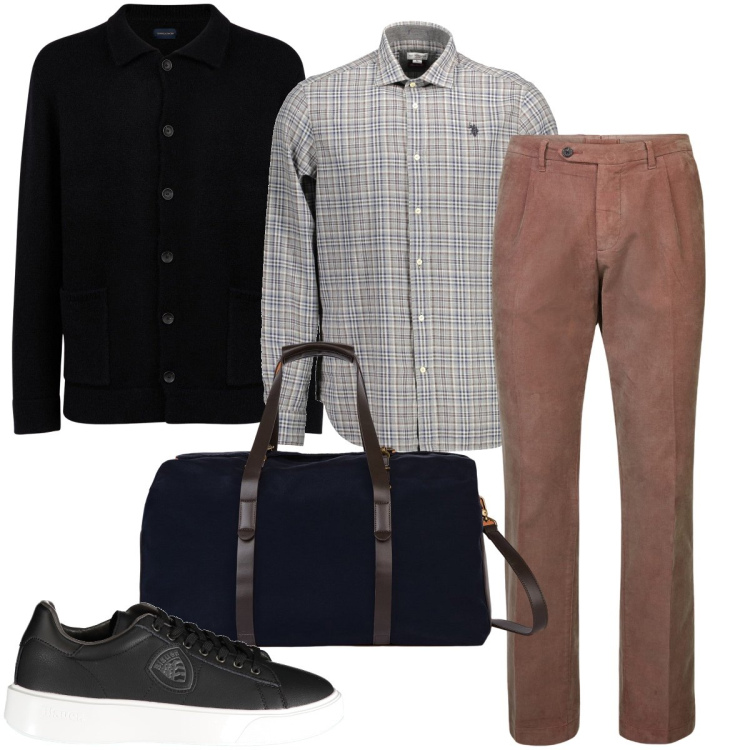 Outfit uomo - In viaggio per lavoro. Stile Business/Elegante per Ufficio. Abbinamento con pantaloni, camicie, cardigans, sneakers, borse sportive.