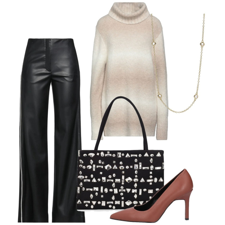 Outfit donna - I pantaloni in ecopelle. Stile Chic per Tutti i giorni. Abbinamento con pantaloni, décolleté, maglieria, collane, borse a spalla.