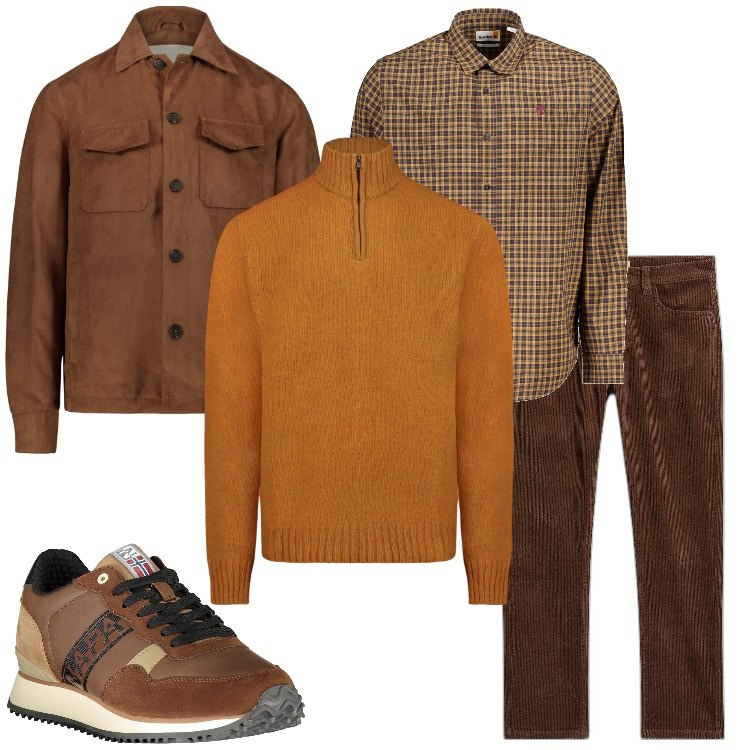 Outfit uomo - Casual nei toni del marrone. Stile Casual per Tutti i giorni. Abbinamento con pantaloni, maglieria, giacche, camicie, sneakers.