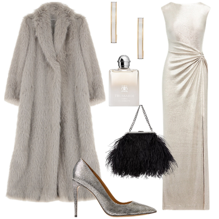 Outfit donna - Furry...cerimonia a gennaio. Stile Glamour per Cerimonia. Abbinamento con profumi, ecopellicce, vestiti, orecchini, décolleté, clutch.