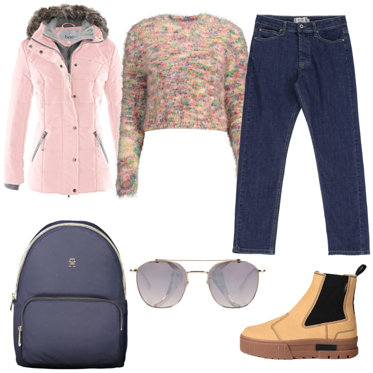 Outfit donna - Total look #2028589. Stile Urban per Scuola/Università. Abbinamento con piumini, stivaletti chelsea, occhiali da sole, jeans dritti, zaini, maglieria.
