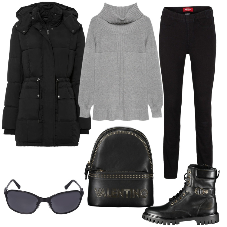 Outfit donna - Total look #2028593. Stile Urban per Scuola/Università. Abbinamento con jeggings, piumini, maglieria, stivali, zaini, occhiali da sole.
