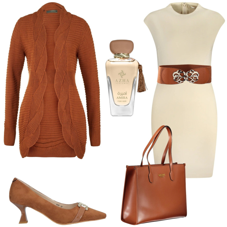 Outfit donna - Cena e riunione di lavoro. Stile Chic per Ufficio. Abbinamento con cinture, cardigans, décolleté, profumi, vestiti corti, borse a spalla.