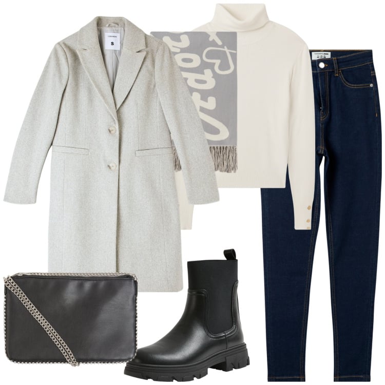 Outfit donna - City. Stile Casual chic per Tutti i giorni. Abbinamento con borse a tracolla, cappotti, jeans skinny, maglieria, stivaletti chelsea, sciarpe.