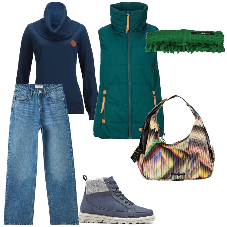 Outfit donna - Total look. Stile Casual chic per Tutti i giorni. Abbinamento con stivaletti, maglieria, piumini, jeans, borse a spalla, sciarpe.