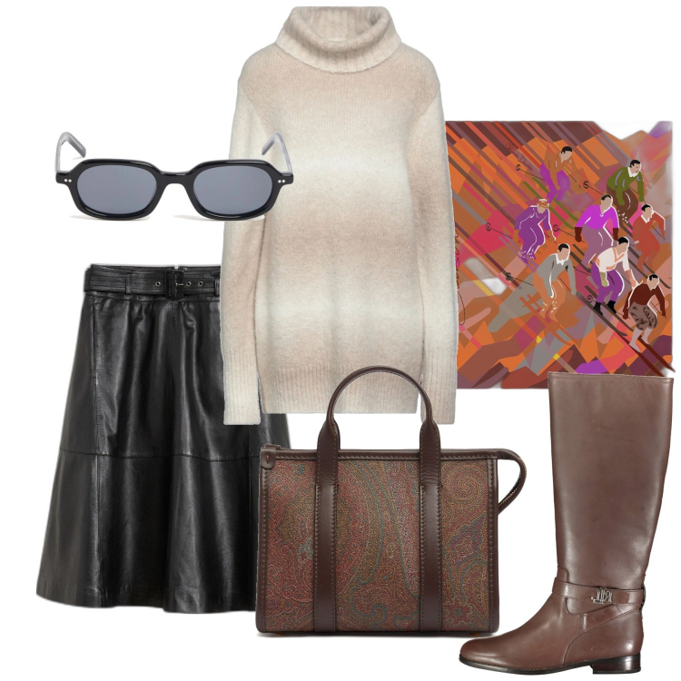 Outfit donna - City. Stile Casual per Tutti i giorni. Abbinamento con gonne, maglieria, stivali, borse a mano, foulard, occhiali da sole.