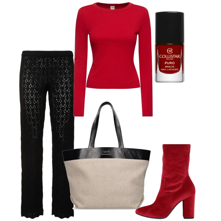 Outfit donna - City. Stile Chic per Tutti i giorni. Abbinamento con stivaletti, smalti, shopping bag, pantaloni, t-shirt.