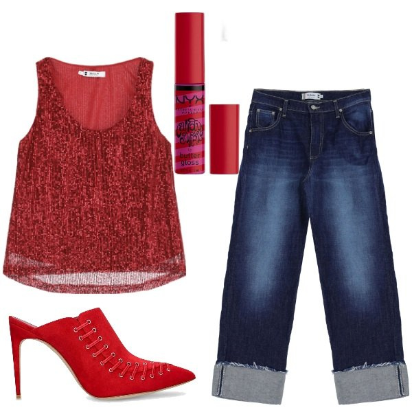 Outfit donna - Pronta per la serata. Stile Casual chic per Serata fuori. Abbinamento con gloss, jeans, top, pantofole.