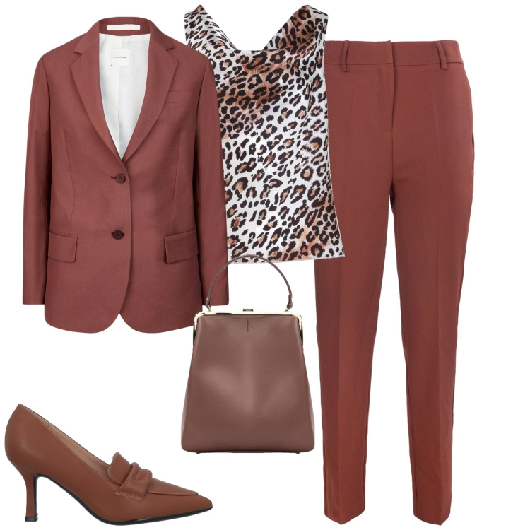 Outfit donna - Brown. Stile Minimal per Tutti i giorni. Abbinamento con mocassini, top, pantaloni, blazer, borse a spalla.