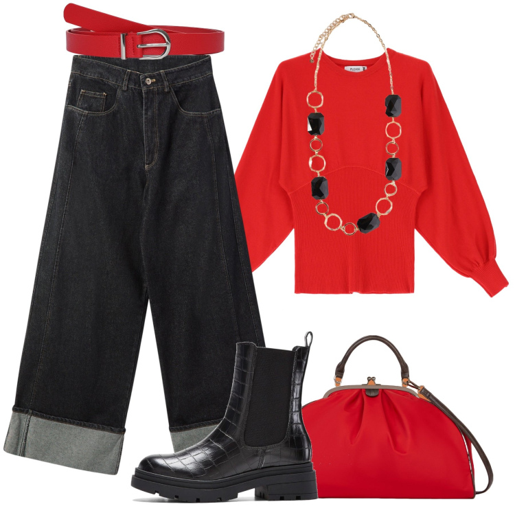 Outfit donna - Rosso portafortuna !. Stile Casual per Tutti i giorni. Abbinamento con stivaletti chelsea, cinture, jeans, maglieria, borse a spalla, collane.