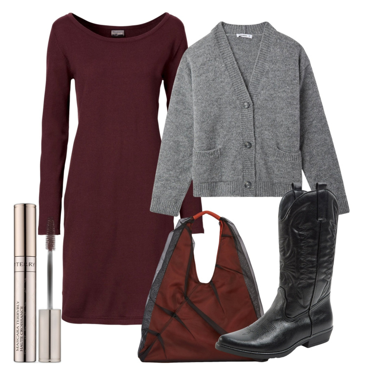 Outfit donna - City. Stile Bon Ton per Ufficio. Abbinamento con vestiti lunghi, mascara, cardigans, stivali, shopping bag.