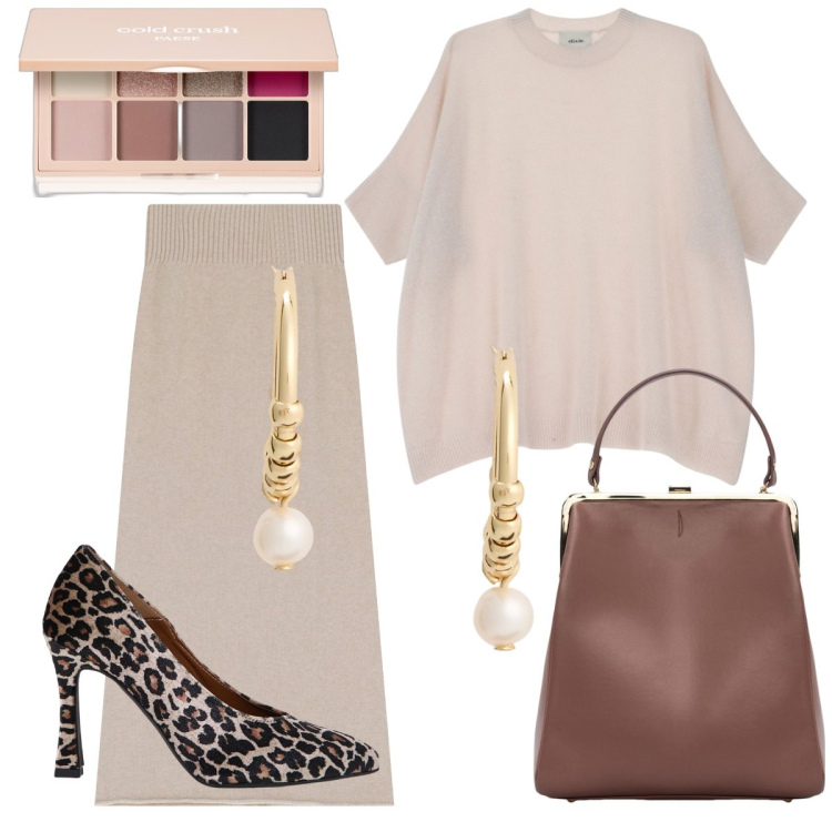Outfit donna - Beige sofisticato. Stile Chic per Serata fuori. Abbinamento con ombretti, décolleté, gonne longuette, pullovers, orecchini, borse a spalla.