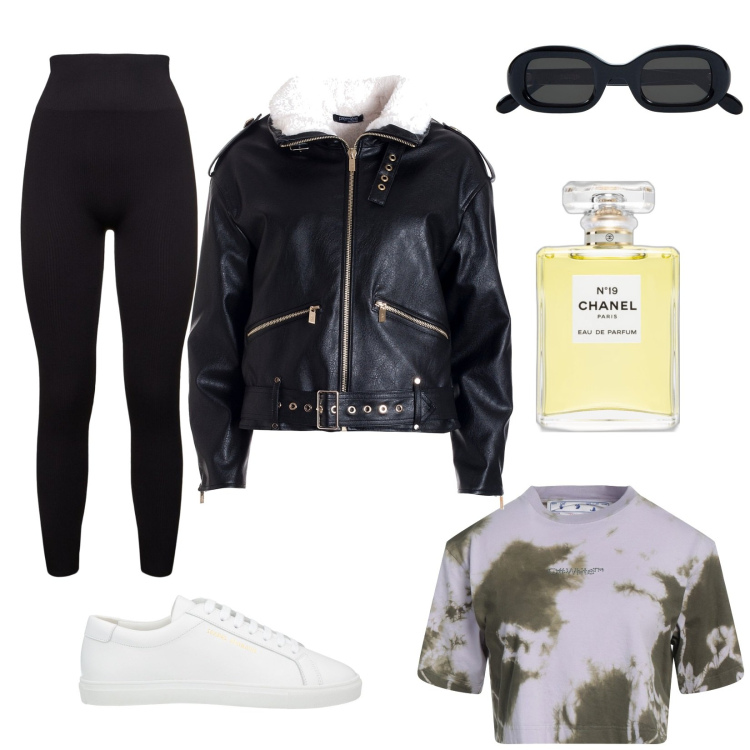 Outfit donna - Sport chic. Stile Trendy per Tutti i giorni. Abbinamento con t-shirt, sneakers, profumi, blazer, leggings, occhiali da sole.