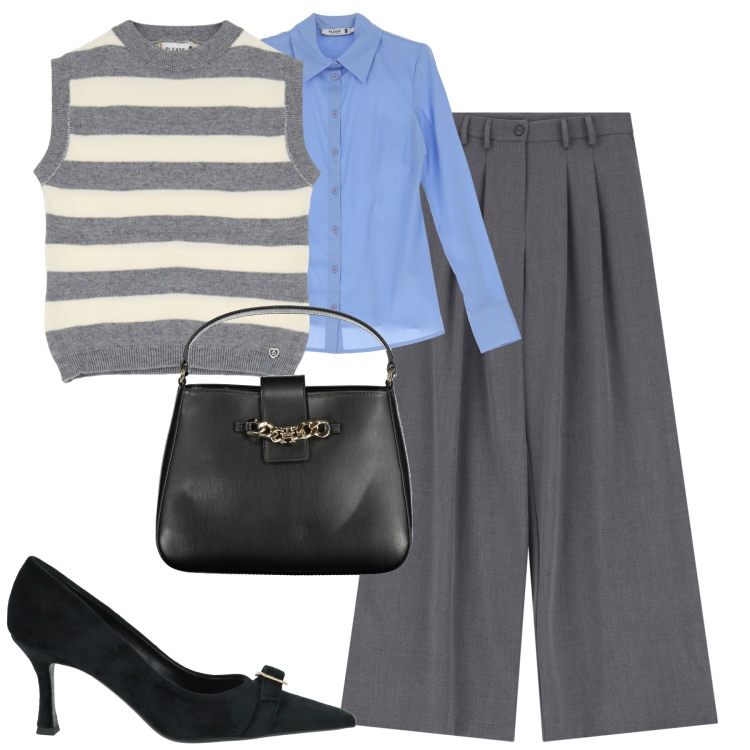 Outfit donna - In ufficio. Stile Trendy per Ufficio. Abbinamento con décolleté, camicie, pantaloni, maglieria, borse a spalla.