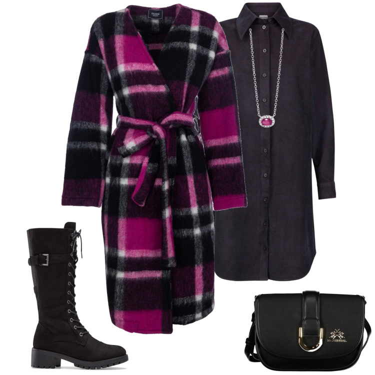 Outfit donna - Total look #2028721. Stile Minimal per Ufficio. Abbinamento con stivali, collane, cappotti, vestiti chemisier, borse a tracolla.