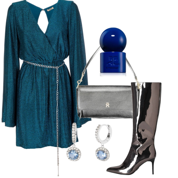 Outfit donna - So glam in the city. Stile Glamour per Serata fuori. Abbinamento con stivali, profumi, orecchini, vestiti, borse a spalla.