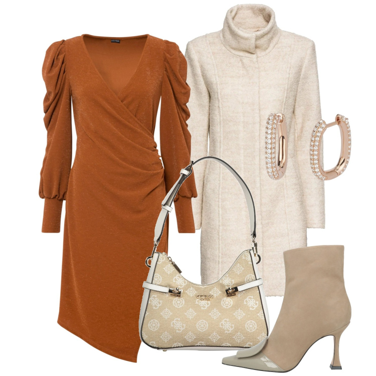 Outfit donna - Cerimonia in the city. Stile Chic per Cerimonia. Abbinamento con cappotti, vestiti, stivaletti, orecchini, borse a spalla.