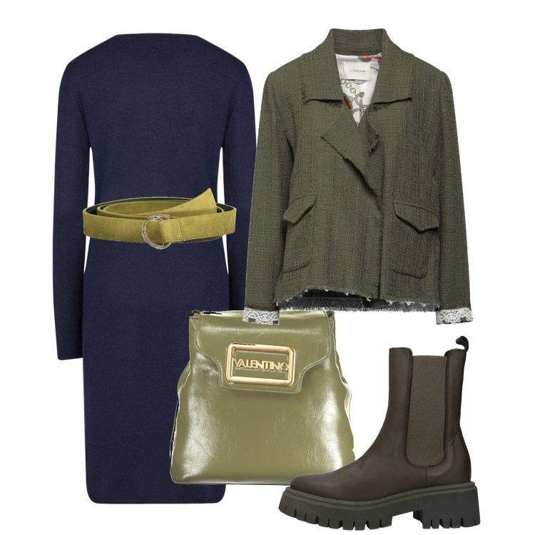 Outfit donna - Blue and green city. Stile Bon Ton per Ufficio. Abbinamento con stivaletti, blazer, vestiti midi/longuette, cinture, zaini.