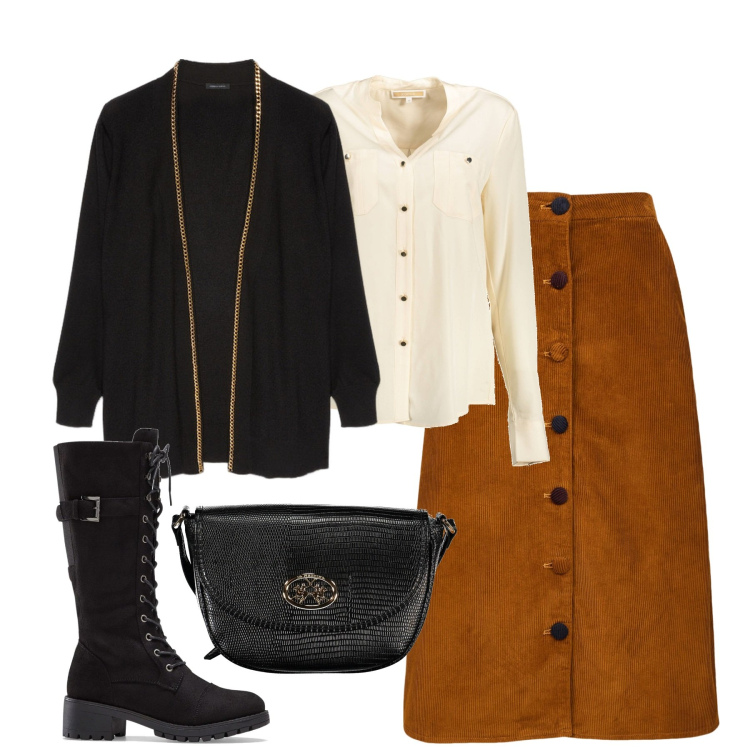 Outfit donna - City. Stile Urban per Tutti i giorni. Abbinamento con stivali, gonne longuette, cardigans, camicie, borse a tracolla.