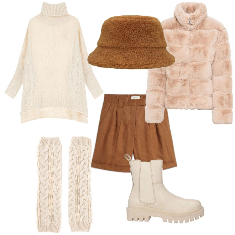 Outfit donna - Soft total look. Stile Trendy per Tutti i giorni. Abbinamento con ecopellicce, bermuda, calzini, stivaletti chelsea, maglieria, cappelli.