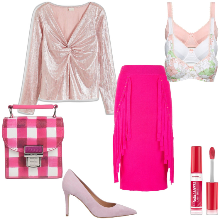 Outfit donna - Serata molto originale. Stile Trendy per Serata fuori. Abbinamento con reggiseni, maglieria, décolleté, borse a mano, gloss, gonne longuette.