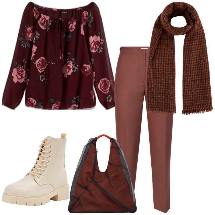 Outfit donna - Marrone. Stile Bon Ton per Tutti i giorni. Abbinamento con bluse, anfibi, pantaloni, shopping bag, sciarpe.
