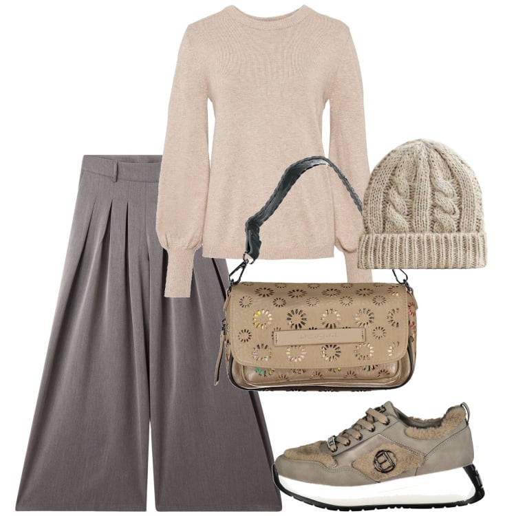 Outfit donna - City. Stile Bon Ton per Tutti i giorni. Abbinamento con maglieria, sneakers, pantaloni a palazzo, borse a spalla, berretti.