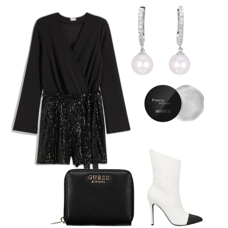 Outfit donna - Veglione in tuta. Stile Glamour per Serata fuori. Abbinamento con tute, stivaletti, ciprie, orecchini, portafogli.