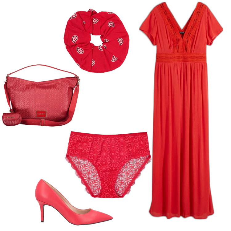 Outfit donna - Aspettando mezzanotte. Stile Glamour per Serata fuori. Abbinamento con vestiti lunghi, culotte, décolleté, accessori per capelli, pochette.