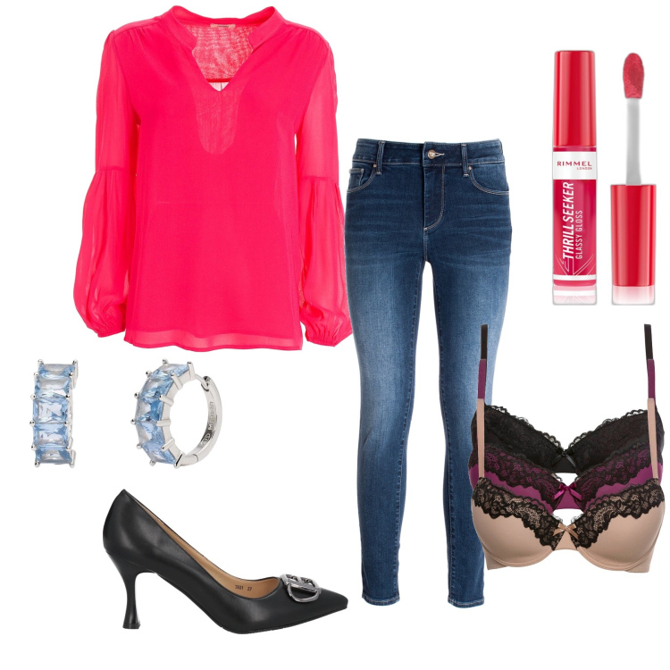 Outfit donna - Aperitivo pre cenone. Stile Trendy per Serata fuori. Abbinamento con reggiseni, décolleté, gloss, orecchini, bluse, jeans skinny.