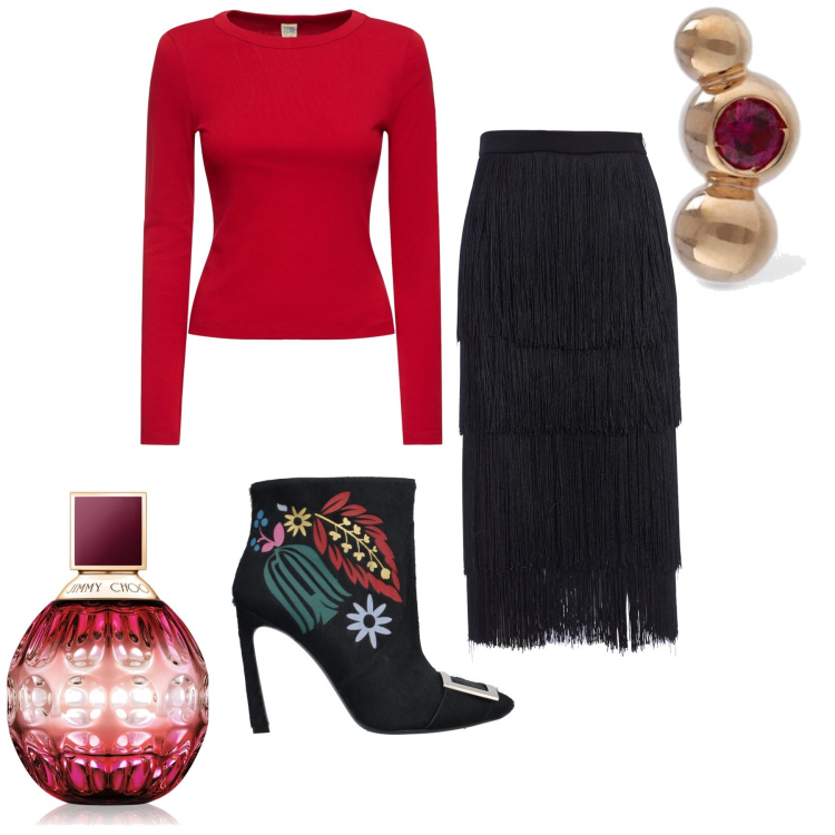 Outfit donna - Cenone a casa. Stile Trendy per Serata fuori. Abbinamento con stivaletti, profumi, gonne longuette, orecchini, t-shirt.