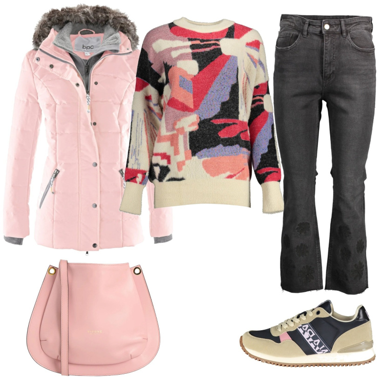 Outfit donna - Pink lady. Stile Urban per Tutti i giorni. Abbinamento con piumini, borse a tracolla, maglieria, sneakers, jeans.