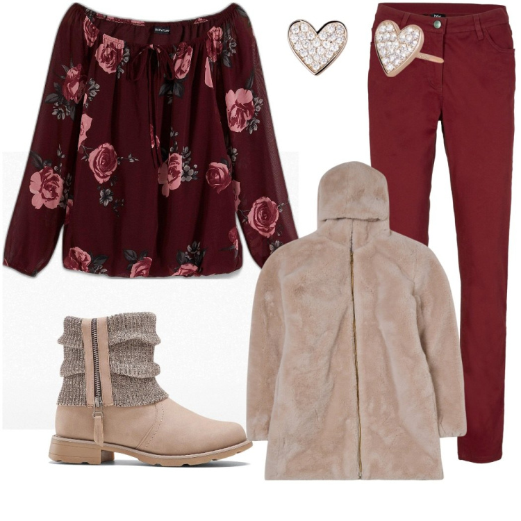 Outfit donna - Rose d inverno. Stile Casual chic per Tutti i giorni. Abbinamento con stivaletti, pantaloni, bluse, orecchini, ecopellicce.