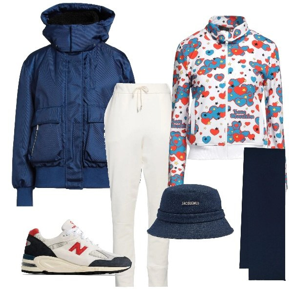 Outfit donna - Un giro da amici per auguri. Stile Sporty chic per Tutti i giorni. Abbinamento con felpe, pantaloni sportivi, piumini, sneakers, sciarpe, cappelli.