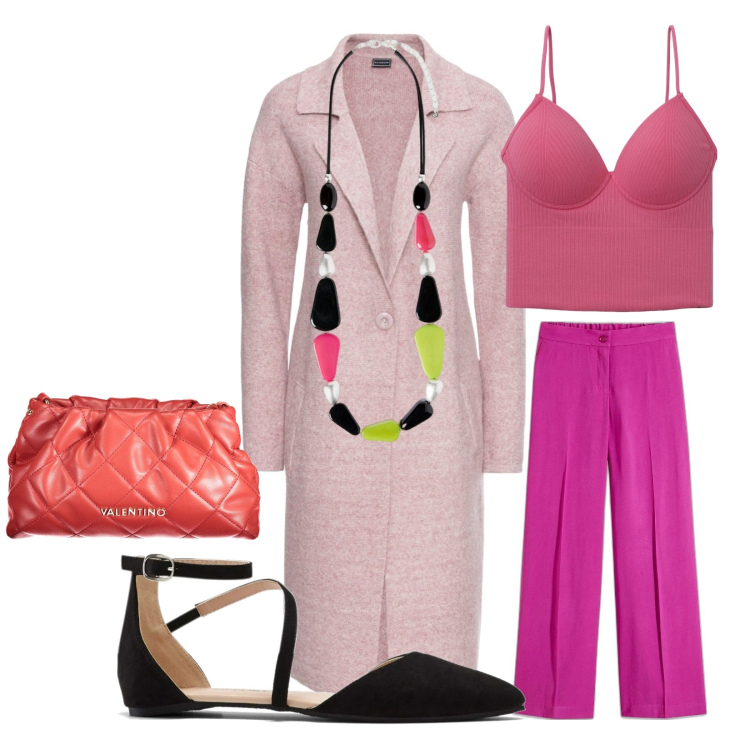 Outfit donna - Ultimo dell\' anno. Stile Casual chic per Serata fuori. Abbinamento con cappotti, ballerine, pantaloni a palazzo, top, collane, borse a spalla.