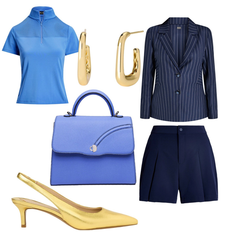 Outfit donna - Cena aziendale. Stile Chic per Serata fuori. Abbinamento con orecchini, blazer, minigonne, décolleté, camicie a manica corta, borse a mano.
