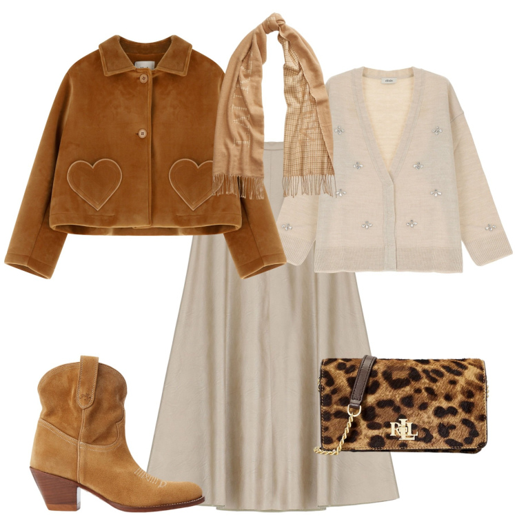 Outfit donna - Total look #2028893. Stile Romantica per Tutti i giorni. Abbinamento con stivaletti, borse a mano, sciarpe, cardigans, blazer, gonne.