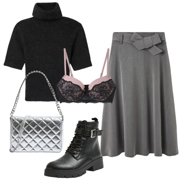 Outfit donna - In negozio da Terranova. Stile Urban per Ufficio. Abbinamento con reggiseni push-up, gonne lunghe, anfibi, maglieria, borse a tracolla.