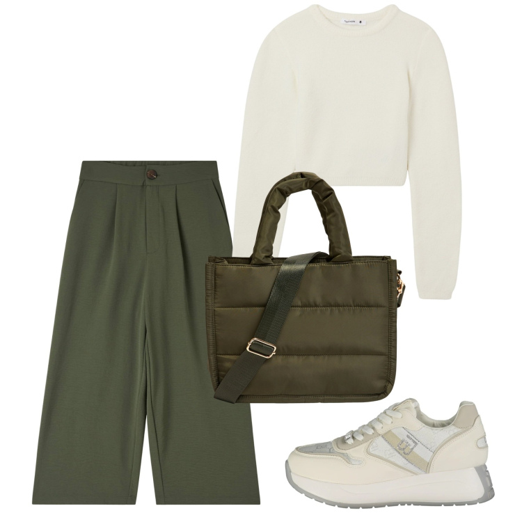 Outfit donna - Basic city. Stile Casual per Tutti i giorni. Abbinamento con pantaloni a palazzo, shopping bag, maglieria, sneakers.