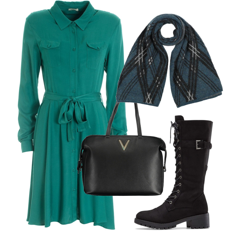 Outfit donna - City. Stile Bon Ton per Ufficio. Abbinamento con stivali, sciarpe, vestiti chemisier, borse a spalla.